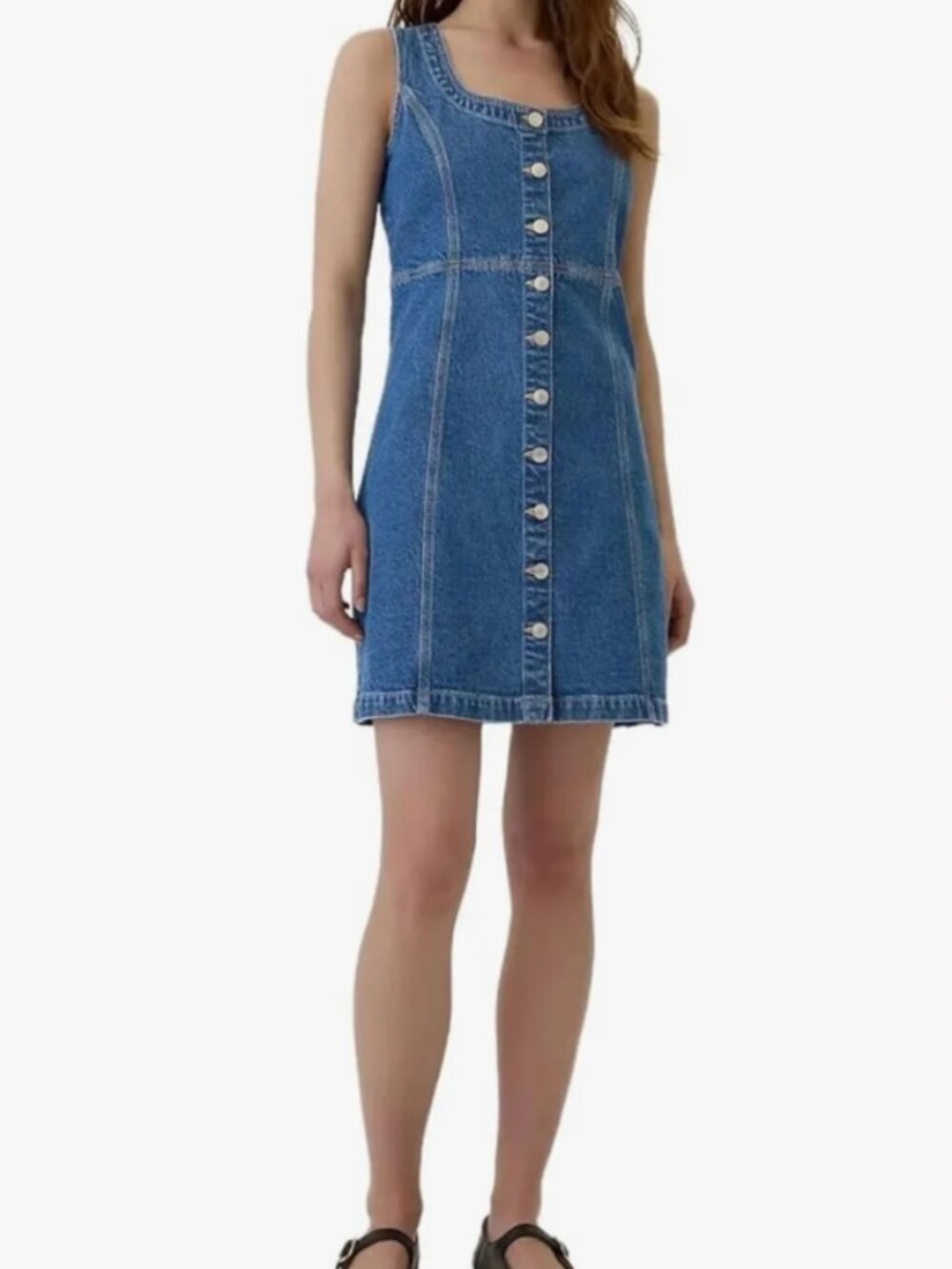 GAP Sleeveless Button-Front Denim Mini Dress in Blue